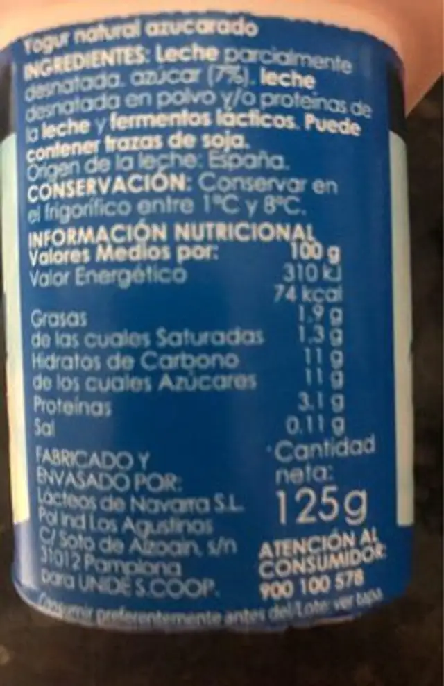 Yogur natural azucarado nutrition facts table