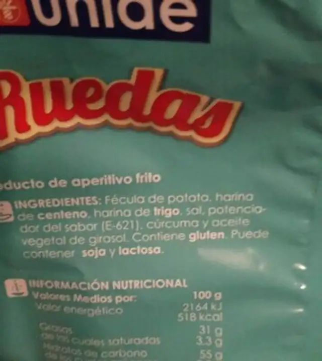 Ruedas nutrition facts table