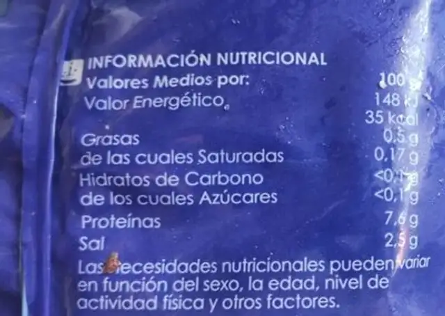Gambas crudas nutrition facts table