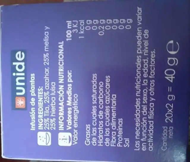 Infusión combi nutrition facts table