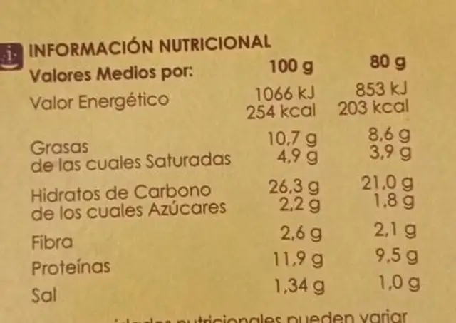 Pizza 4 quesos nutrition facts table