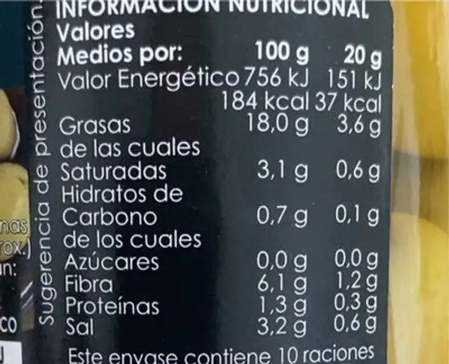 Aceitunas manzanilla sabor anchoa con hueso nutrition facts table