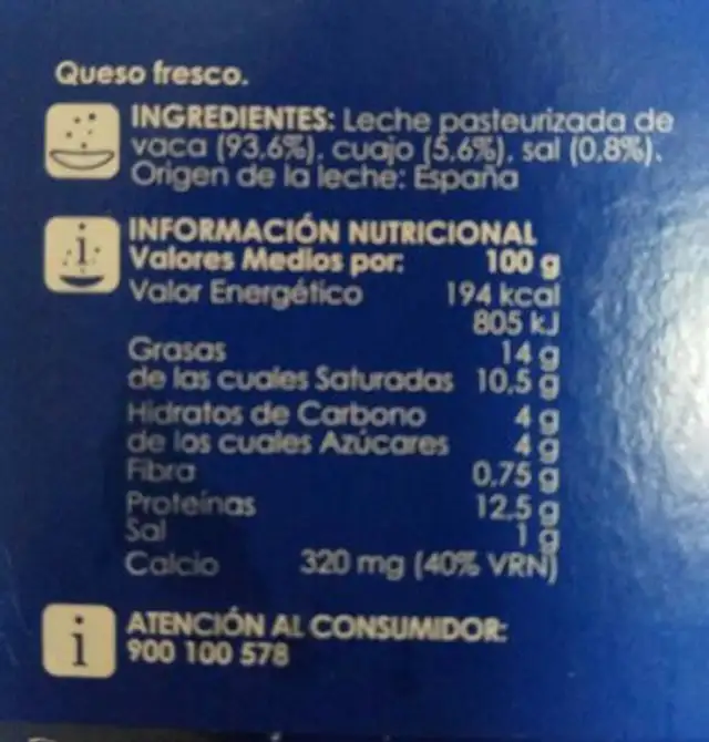 Queso fresco de Burgos nutrition facts table