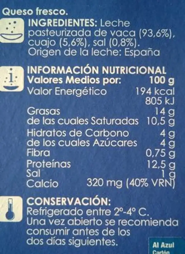 Queso Fresco nutrition facts table