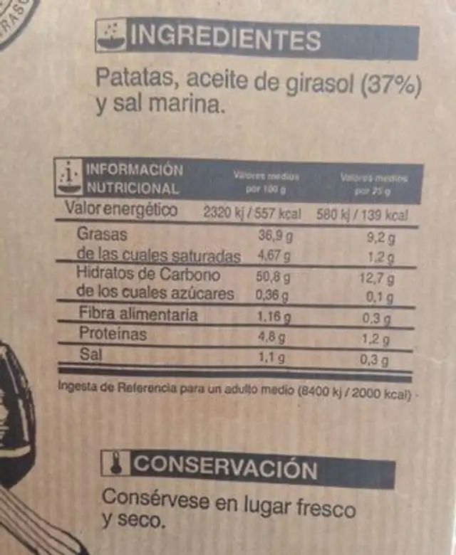Patatas fritas estilo casero nutrition facts table