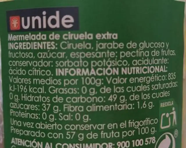 Mermelada de ciruela nutrition facts table