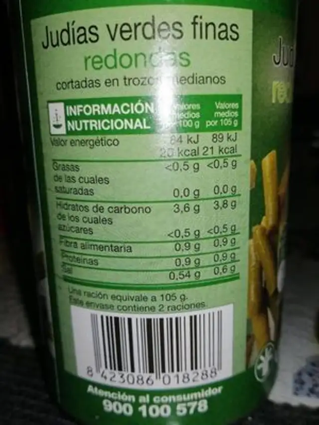 Judías verdes redondas nutrition facts table