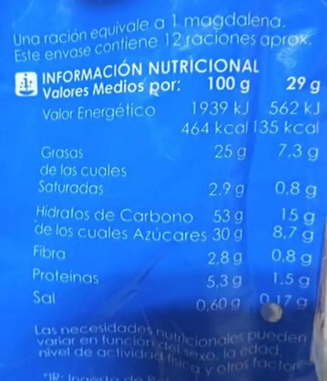 Magdalenas redondas nutrition facts table
