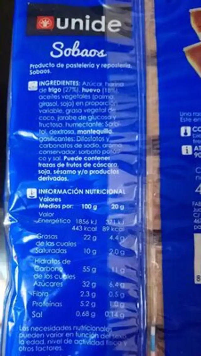 Sobaos nutrition facts table
