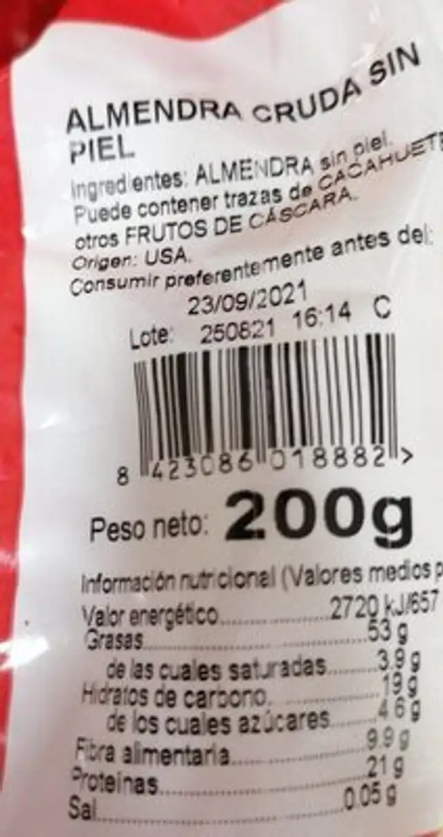 Almendras crudas sin piel nutrition facts table