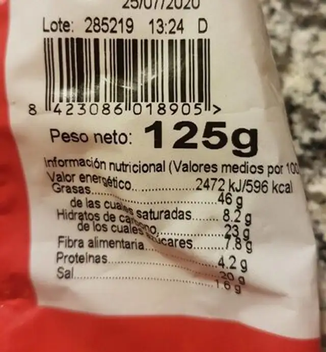 frutos secos nutrition facts table