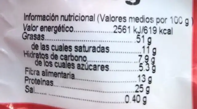 Cacahuete can cáscara tostado y salado nutrition facts table