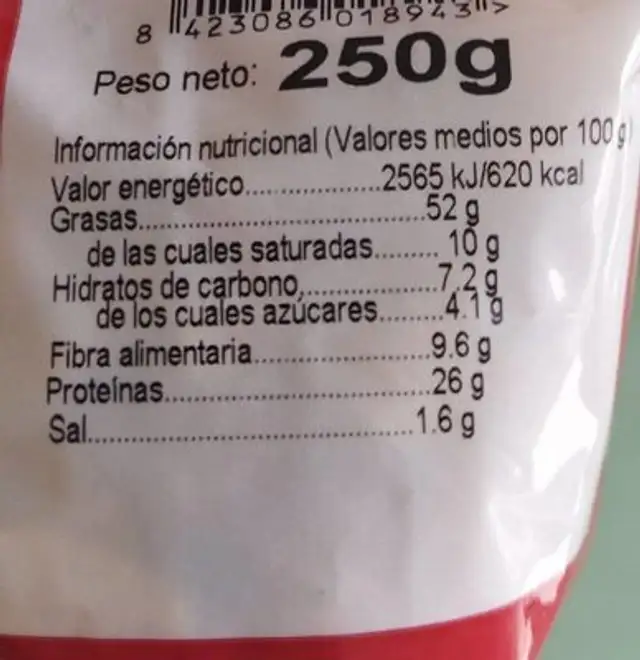 Frutos Secos nutrition facts table