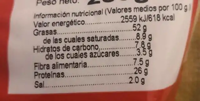 Cacahuete nutrition facts table