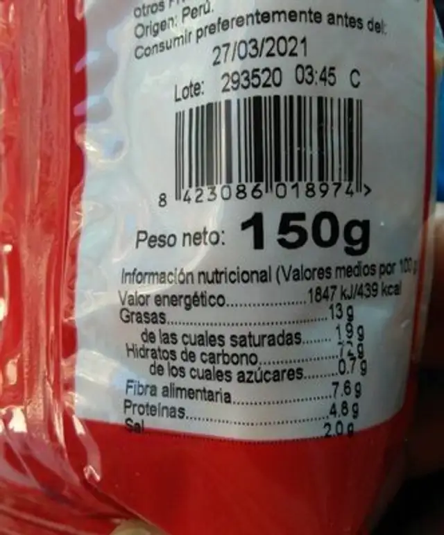 Maíz gigante frito y salado nutrition facts table