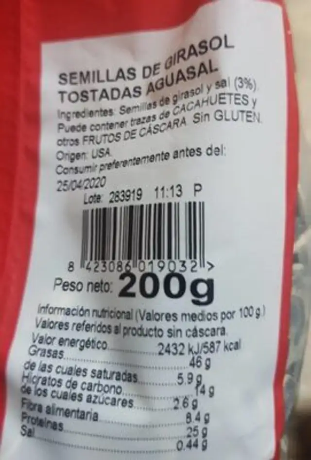 semilla de girasol tostadas aguasal nutrition facts table