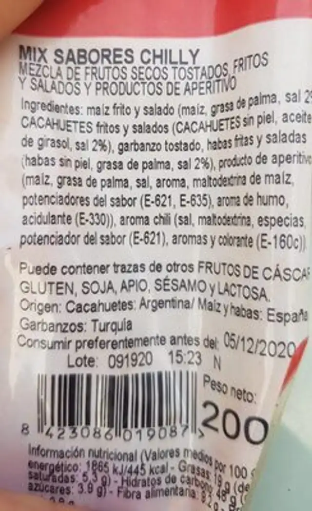 Frutos secos nutrition facts table