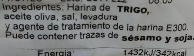 Picos camperos ingredients label
