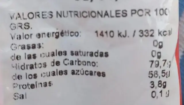 Gominolas nutrition facts table