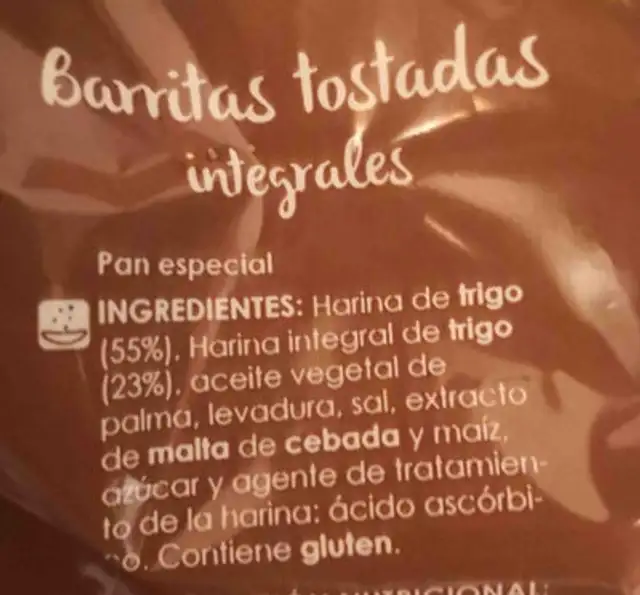 Barritas tostadas integrales ingredients label