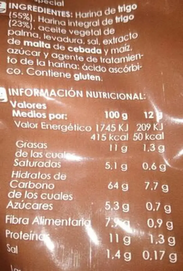 Barritas tostadas integrales nutrition facts table