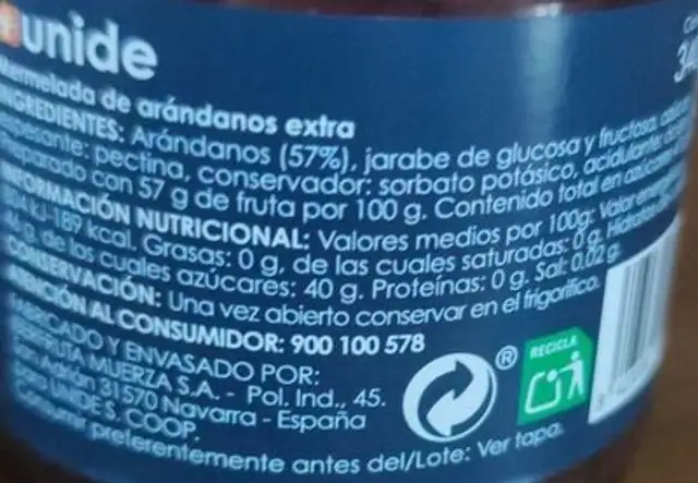 Mermelada extra de Arándano nutrition facts table
