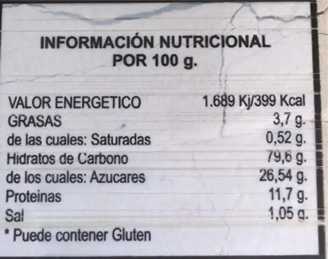 GOFIO nutrition facts table