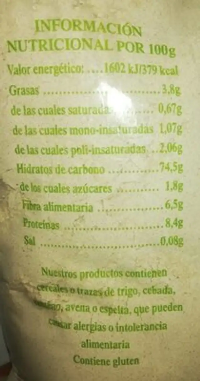Gofio de mezcla nutrition facts table