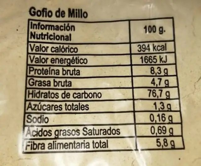 Gofio de millo nutrition facts table