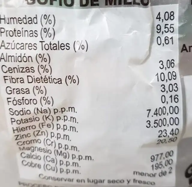 Gofio de millo nutrition facts table