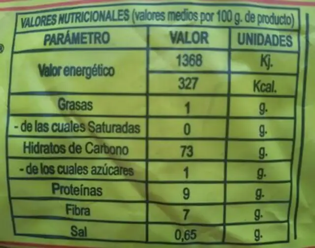 Gofio 7 nutrition facts table