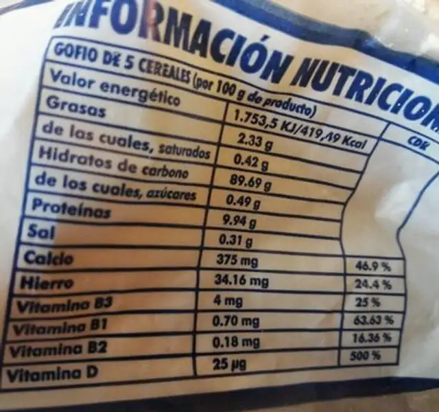 Gofio 5 cereales nutrition facts table