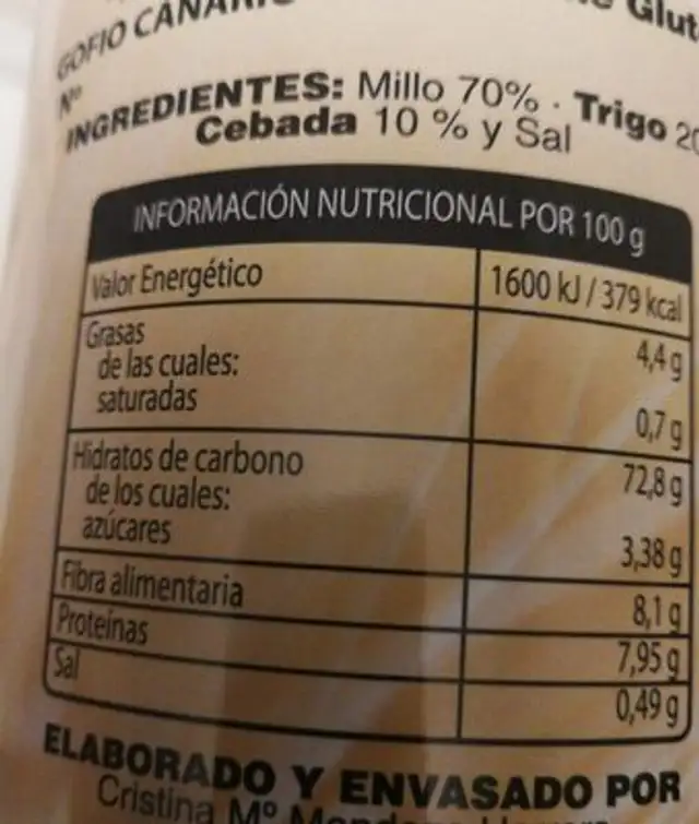 Gofio nutrition facts table