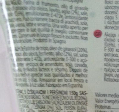 PanTosto all'aglio ingredients label