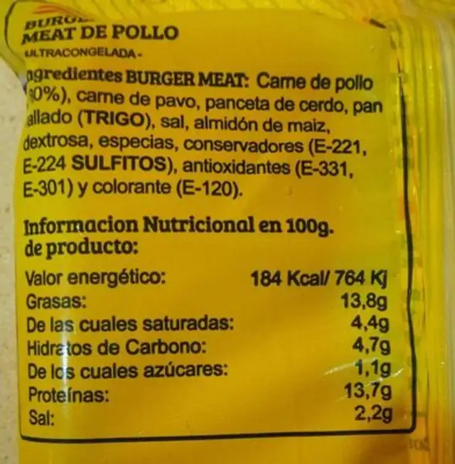 Burger meat de pollo nutrition facts table