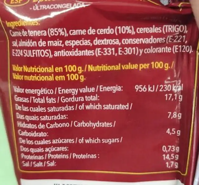 Hamburguesa de ternera ultra congelada nutrition facts table