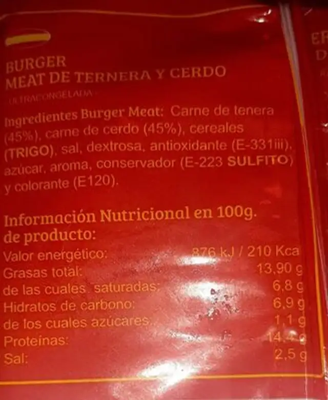 Hamburguesa mixta nutrition facts table