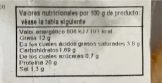 Kebab pollo loncheado nutrition facts table
