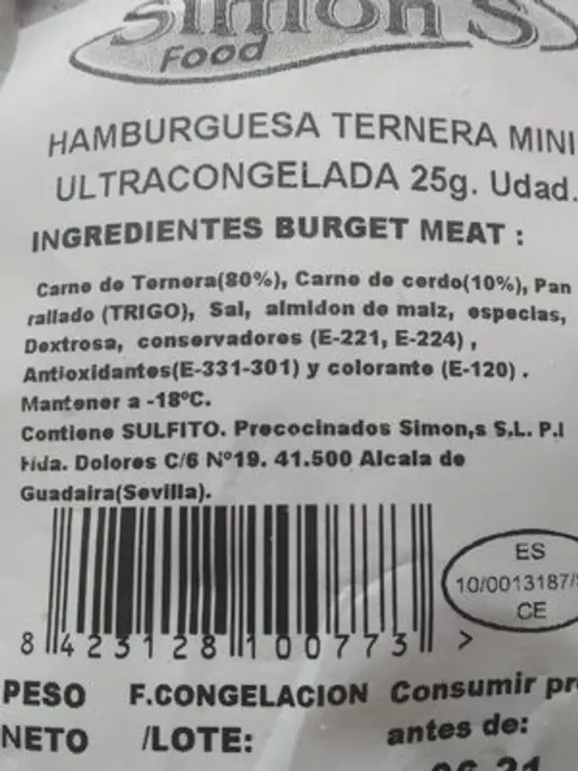 Hamburguesas de ternera mini nutrition facts table
