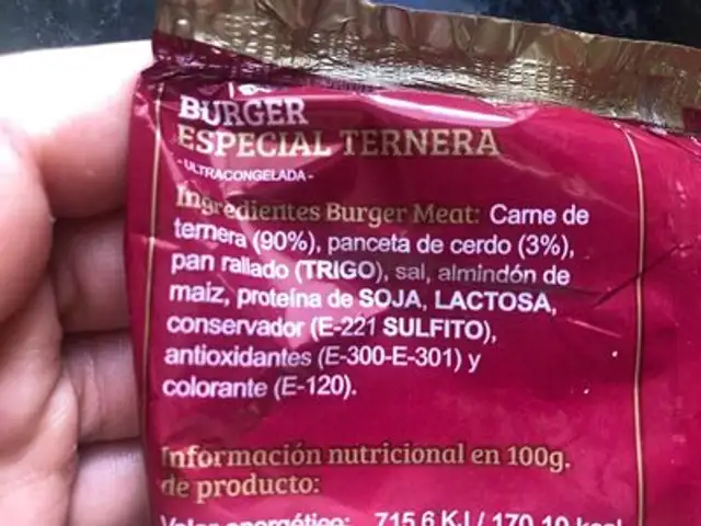 Burger especial ternera ingredients label