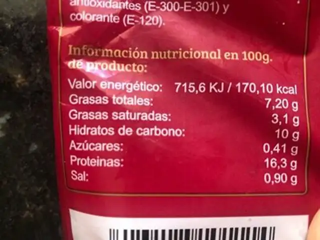 Burger especial ternera nutrition facts table
