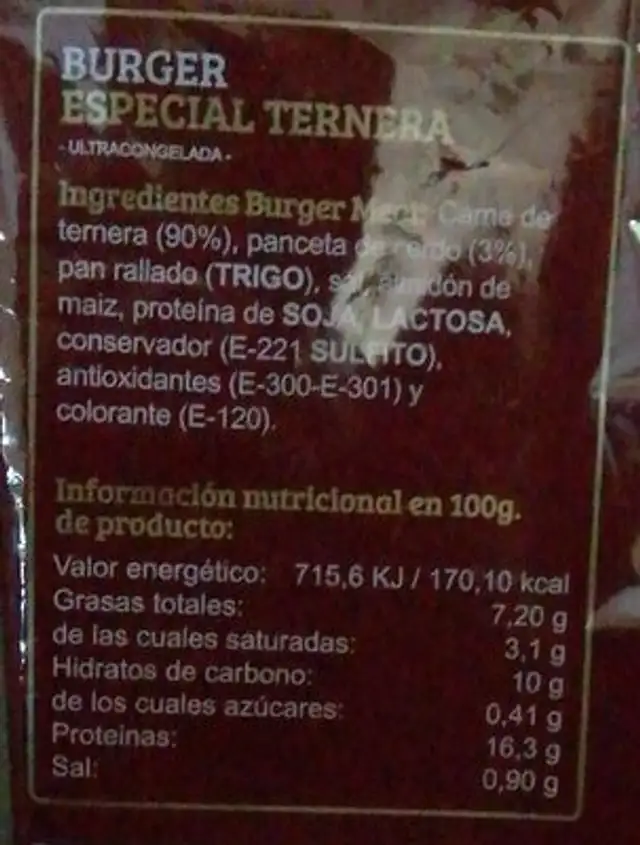 Burguer Especial Ternera nutrition facts table