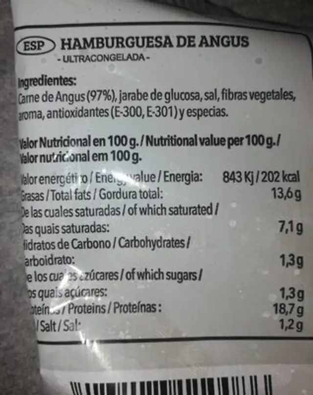 Simons food Angus burguer nutrition facts table