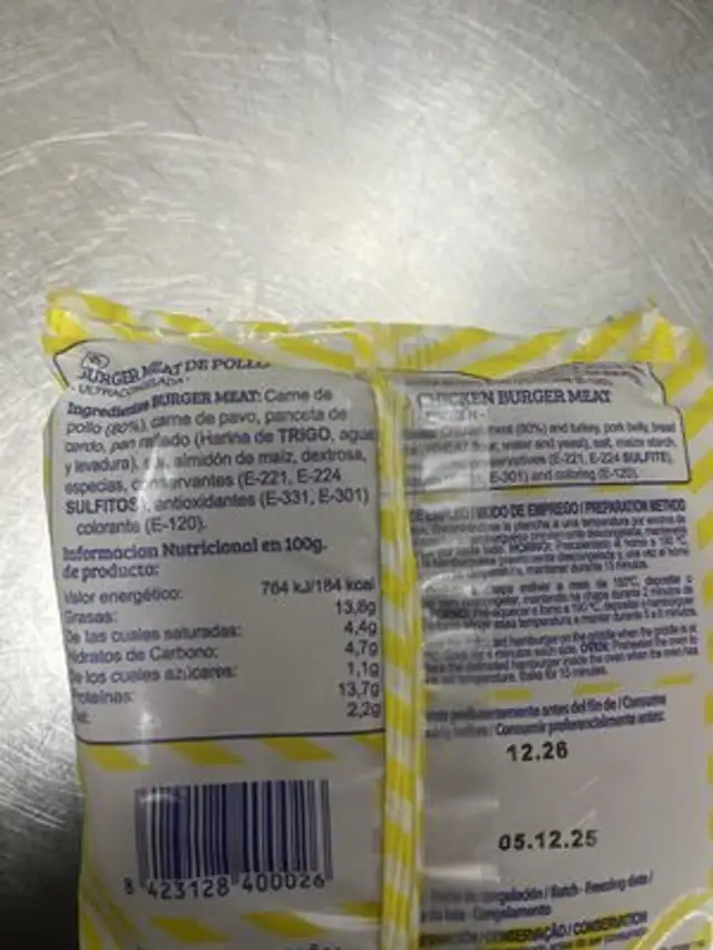 Hamburguesa de pollo ingredients label