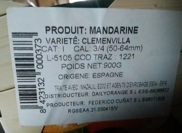 Mandarine ingredients label