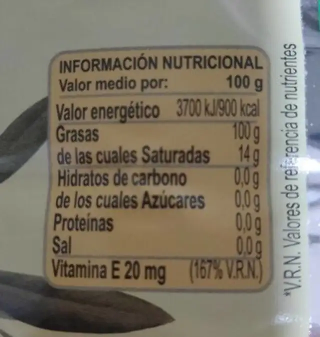Aceite de oliva virgen extra nutrition facts table