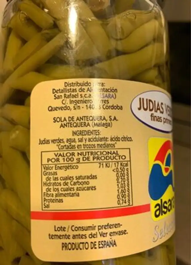Judias verdes nutrition facts table