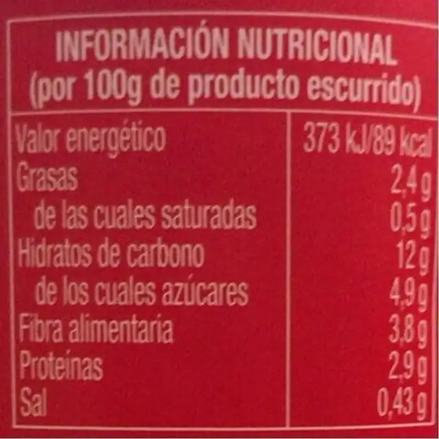 Maiz dulce en grano nutrition facts table