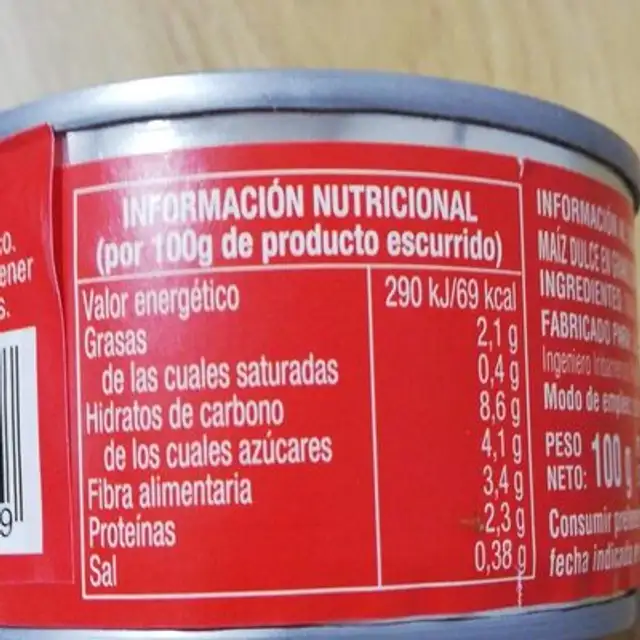 Maiz dulce en grano nutrition facts table