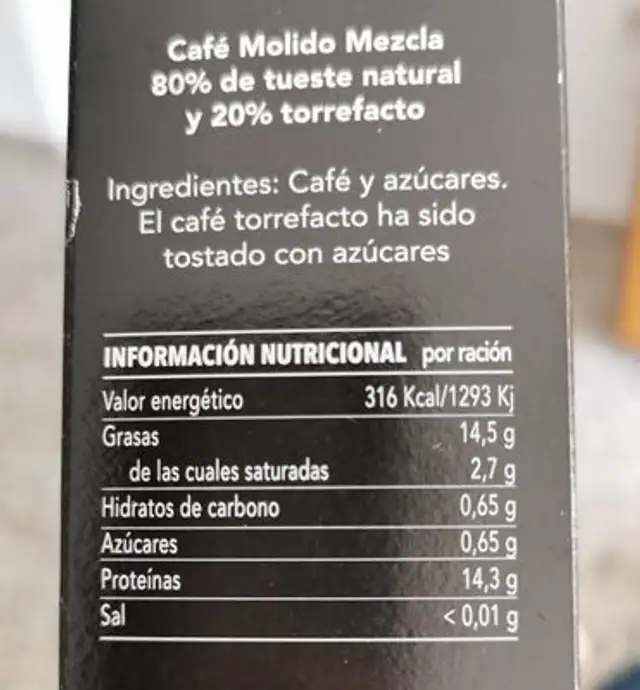 Café Molido Arábica nutrition facts table